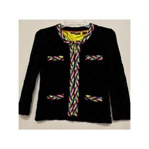 Michael Simon Multicolor Braid Basketweave Cardigan Sweater Black Small Petite